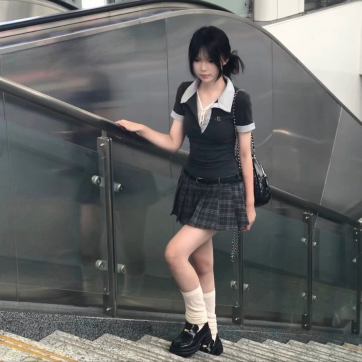 カップルペアルック クラシックグレー バイカラーポロトップス